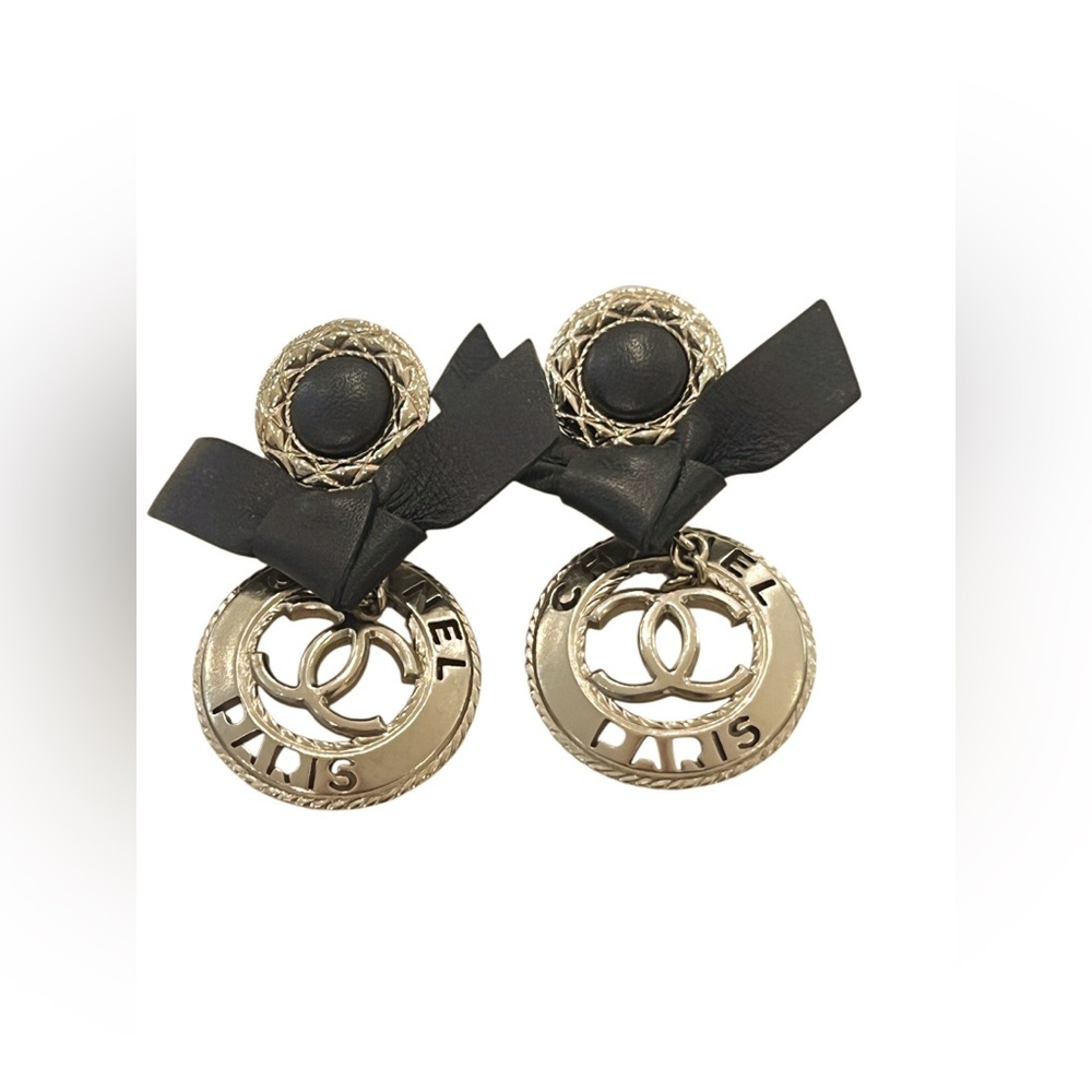 CHANEL Gold and Black Bow Earrings